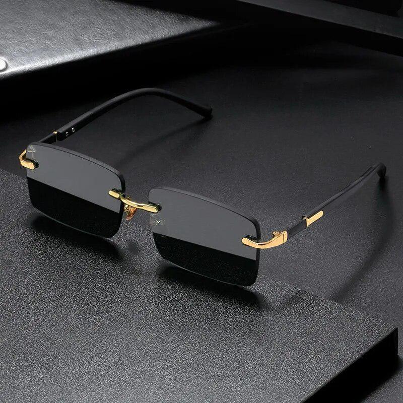 Rimless Rectangular Sunglasses with Black Temples and Gold Accents + Fashion Square Frameless Glasses