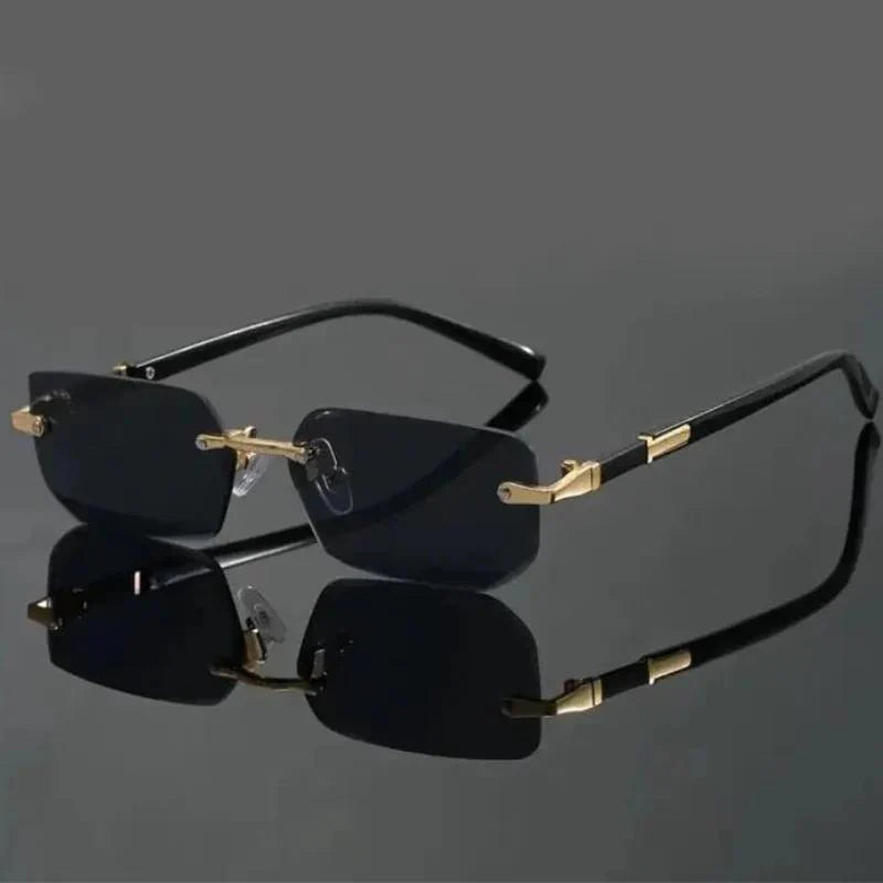 Rimless Rectangular Sunglasses with Black Temples and Gold Accents
