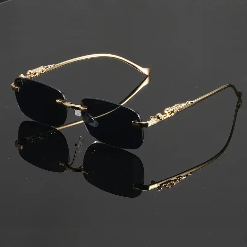 Rimless Rectangular Sunglasses with Black Temples and Gold Accents + Fashion Square Frameless Glasses