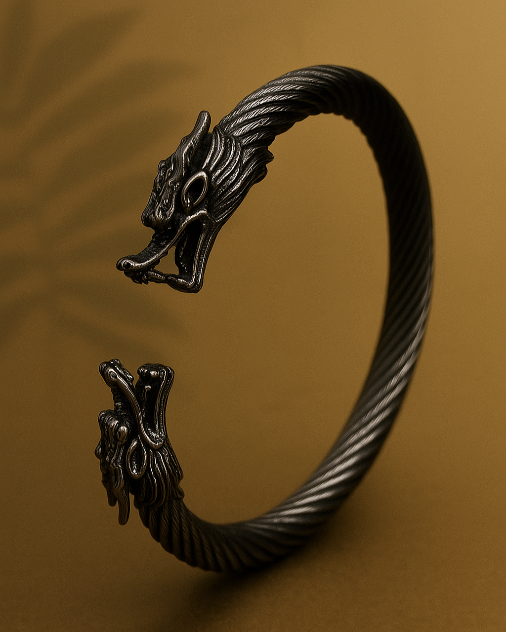 Dual Tone Steel Cable Cuff Bracelet with Gold Lion Heads