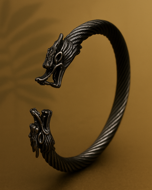 Dual Tone Steel Cable Cuff Bracelet with Gold Lion Heads