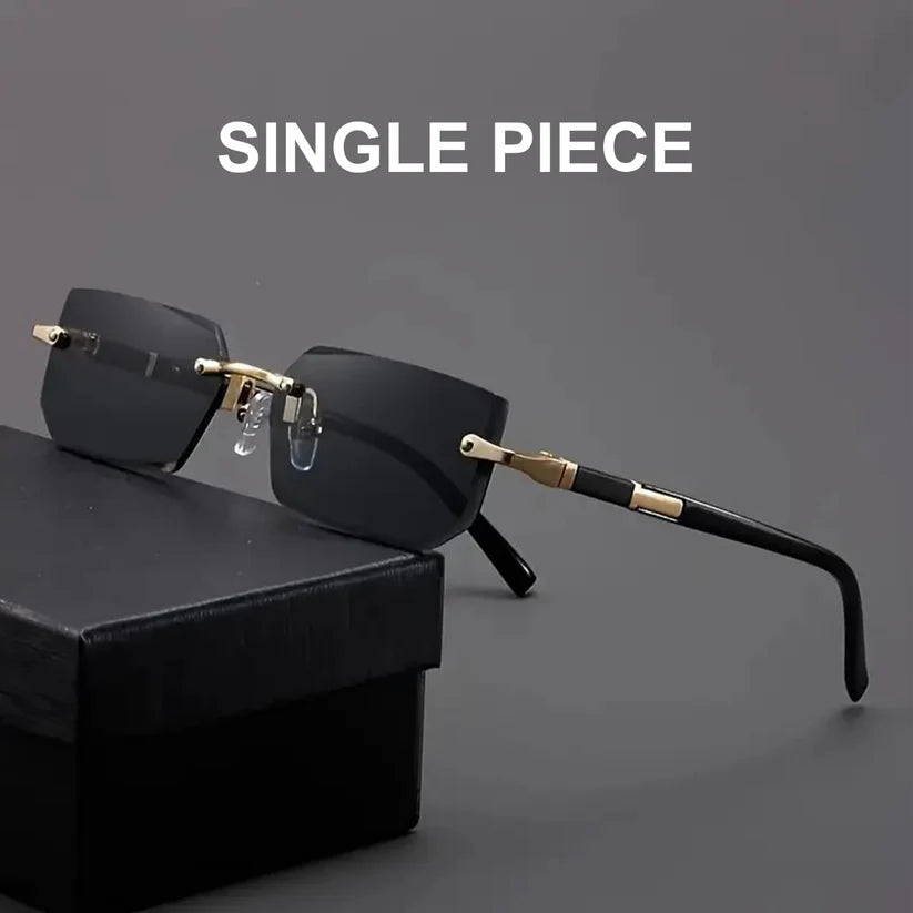 Rimless Rectangular Sunglasses with Black Temples and Gold Accents