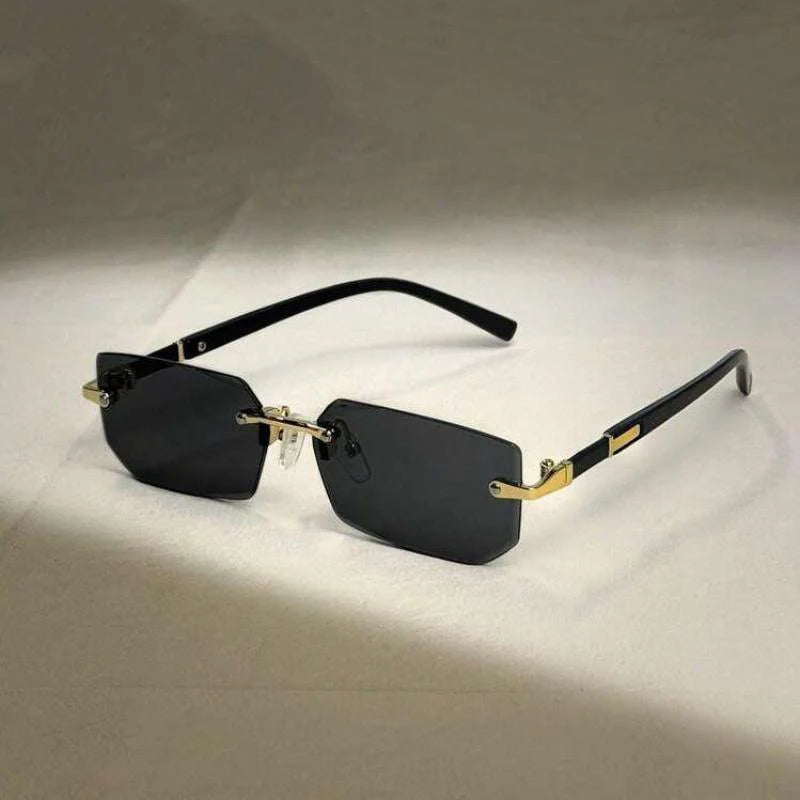 Rimless Rectangular Sunglasses with Black Temples and Gold Accents