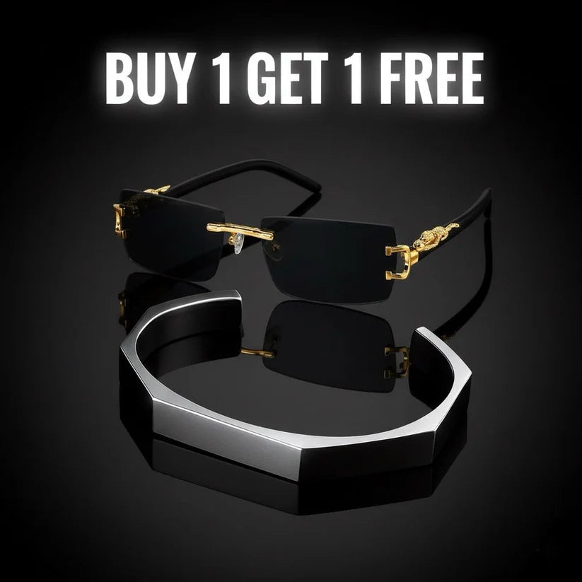 Hexagonal Bracelet + Black Rectangular Frames with Golden-Tone Metal Glasses