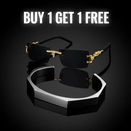 Hexagonal Bracelet + Black Rectangular Frames with Golden-Tone Metal Glasses